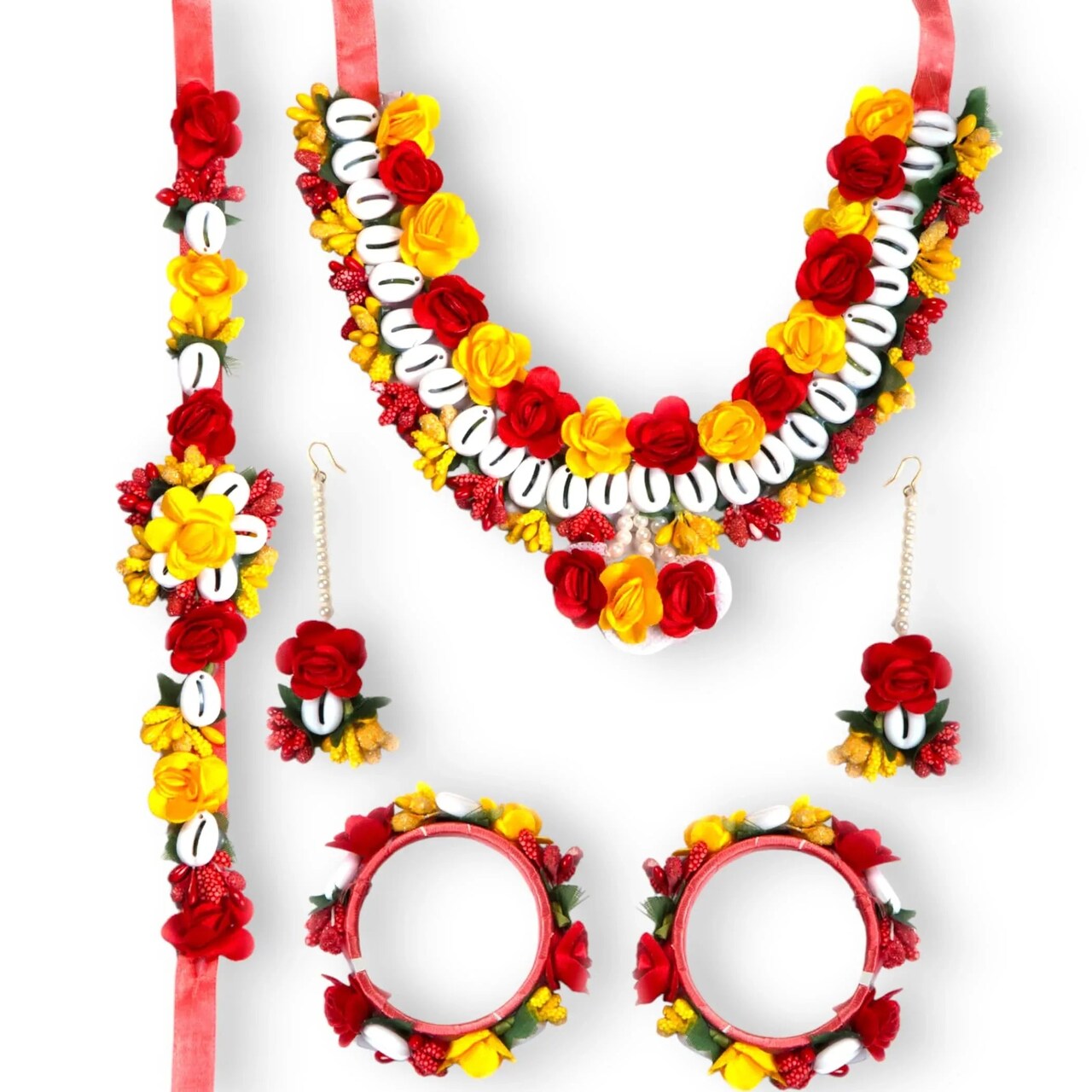 Flower Designer Shells Jewelry Set for Women Handmade Necklace with Earrings Maang Tikka Bracelet Waistbelt Indian Artificial Jewellery for Haldi Mehndi Wedding Party Bridal